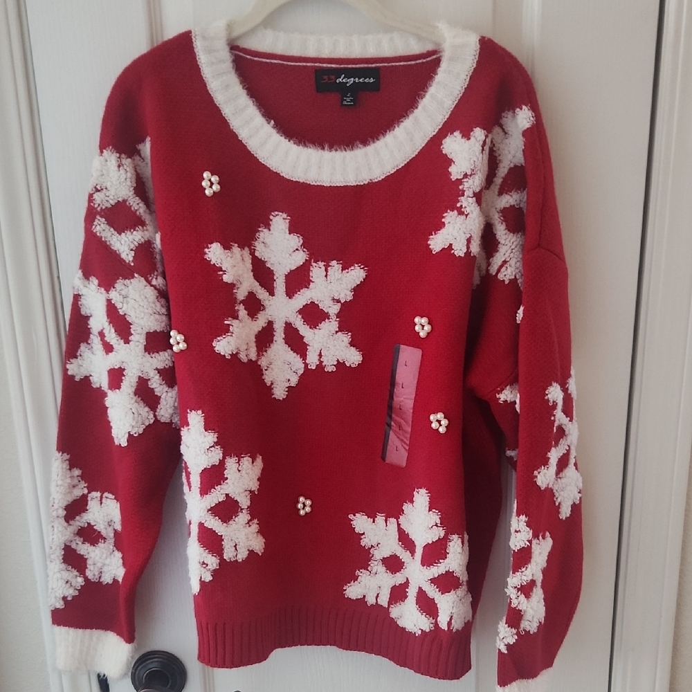 33 Degrees Red and White‎ Snowflake Women's Sweater, Size Large - Picture 1 of 8